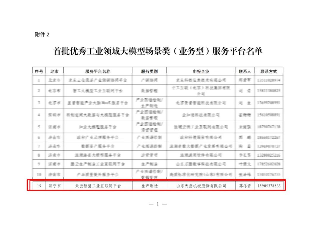 2025年的第一封喜報丨天意機械榮獲山東省首批優秀工業領域大模型服務平臺